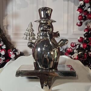 Snowman Stocking Holder Holding Christmas Tree Silver Plated Heavy Mantle Decor